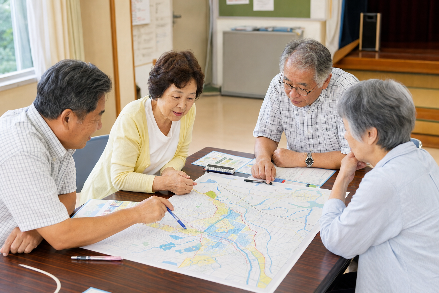 地域のハザードマップを囲んで避難経路を話し合うシニア