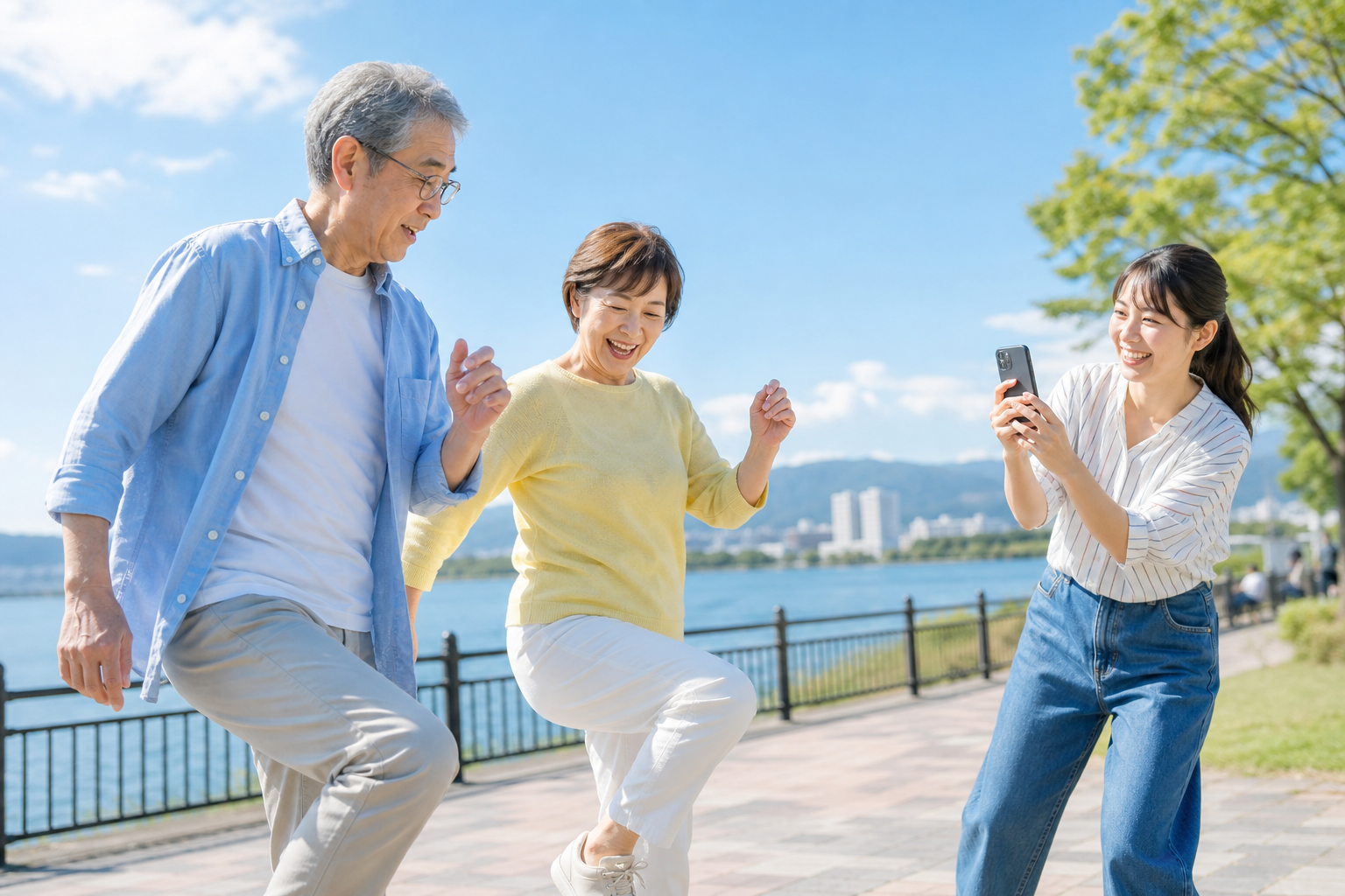 湖畔で新しいことを楽しむシニア夫婦と見守る若い女性