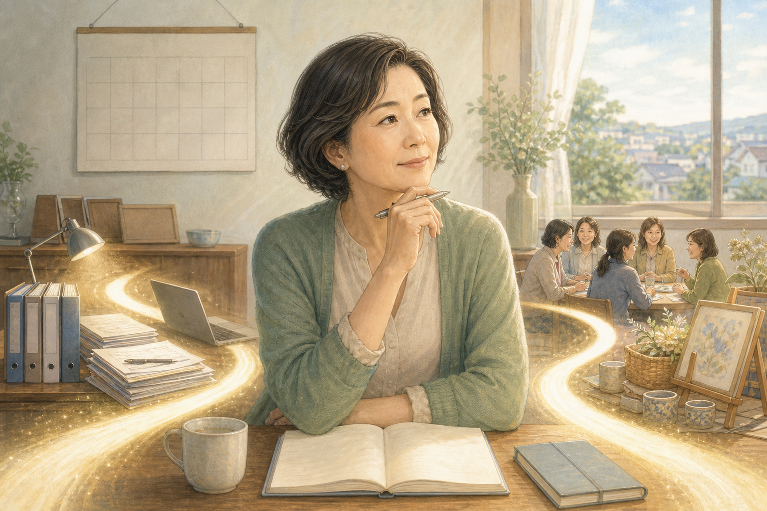 仕事と暮らしの転換点でこれからの道を考える50代女性のイラスト