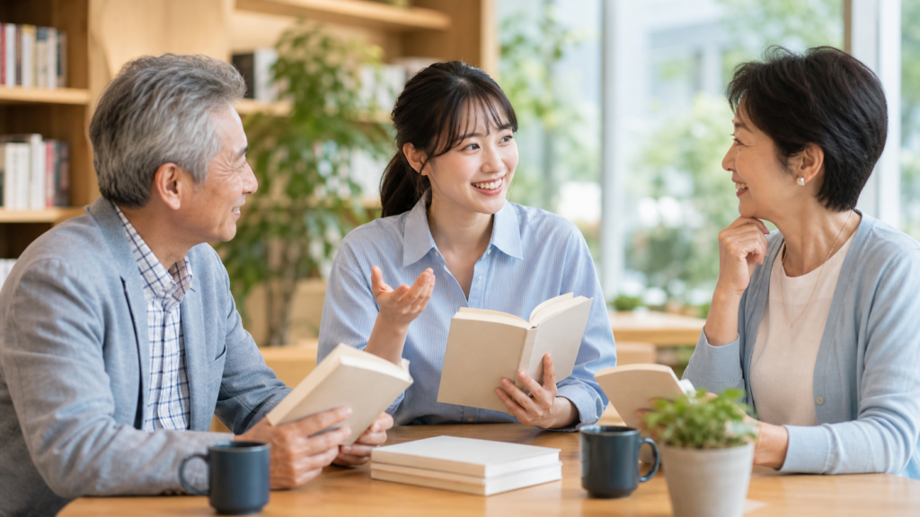 20代女性がシニア男女に本を紹介している明るい読書会の様子