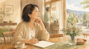 明るい食卓でこれからの暮らしを考える50代女性のイラスト