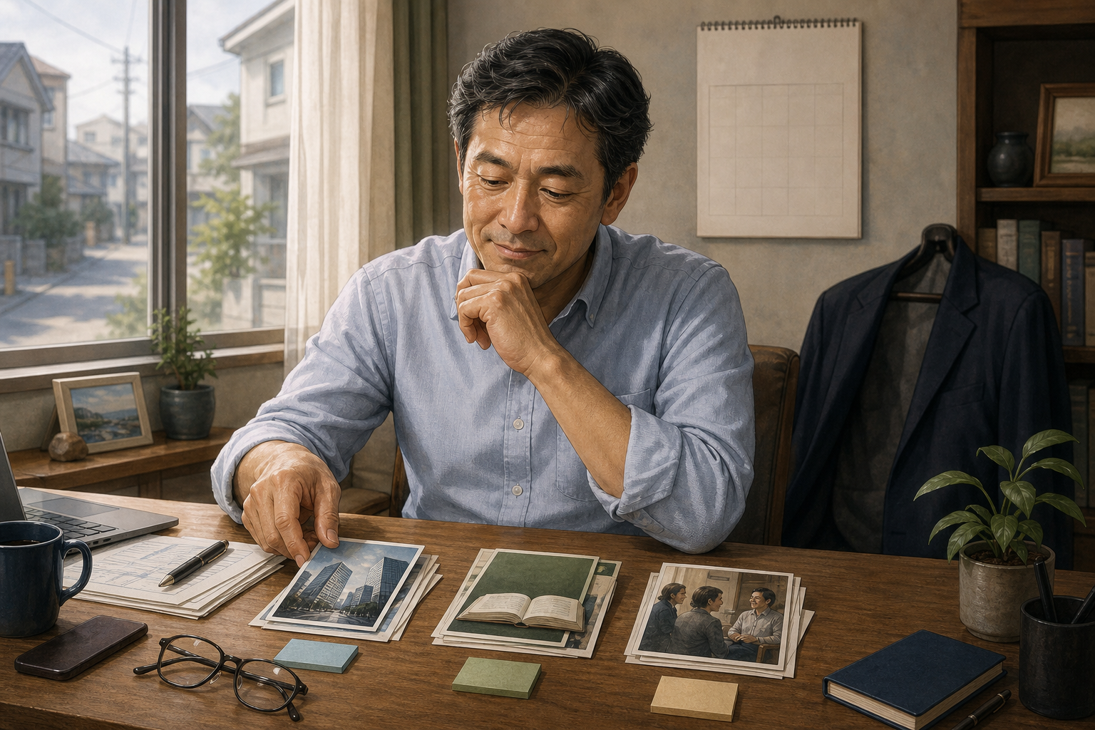 仕事と学びと地域の時間を整理し始める50代男性のイラスト