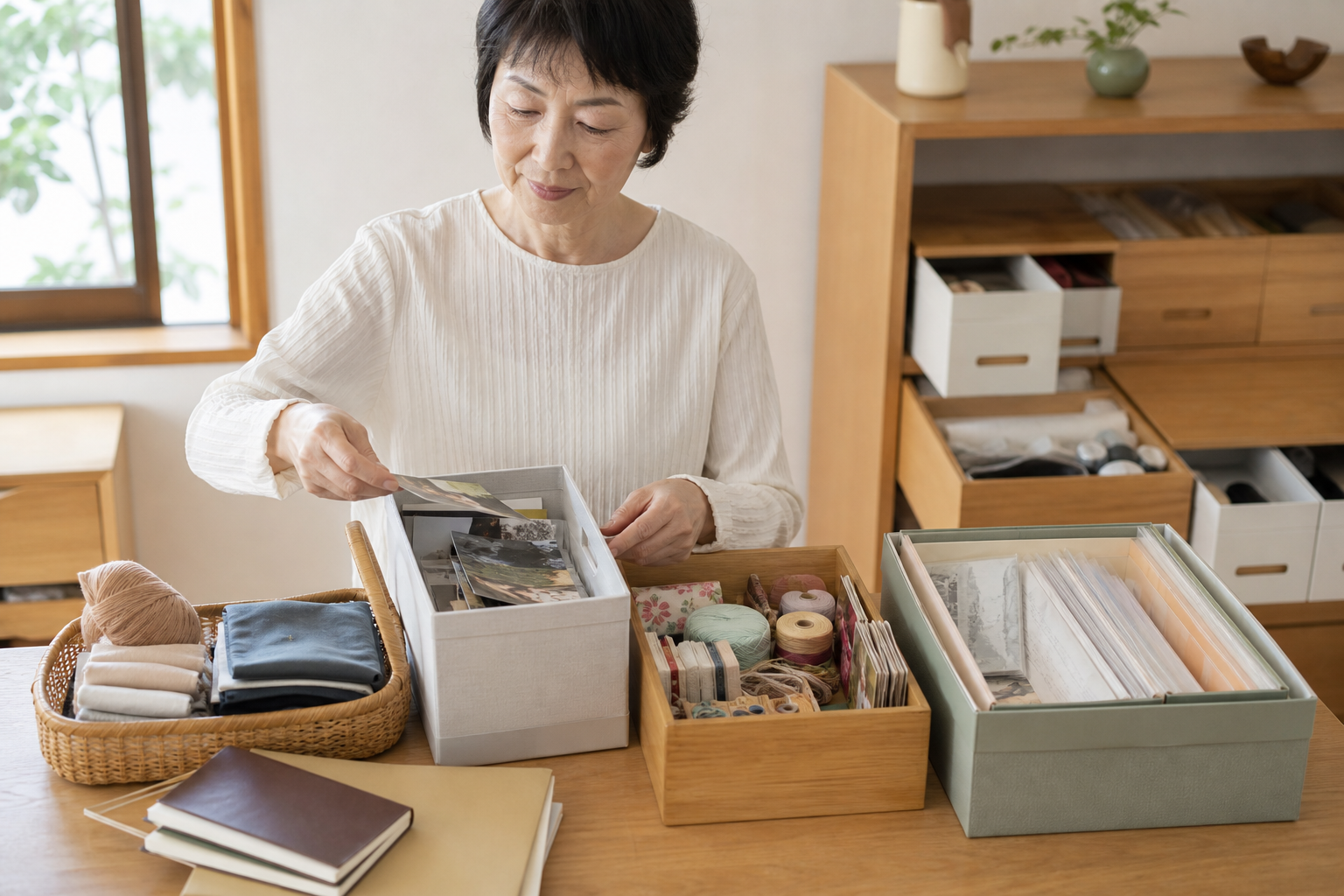 持ち物を分類しながら整理の順序を考える60代女性