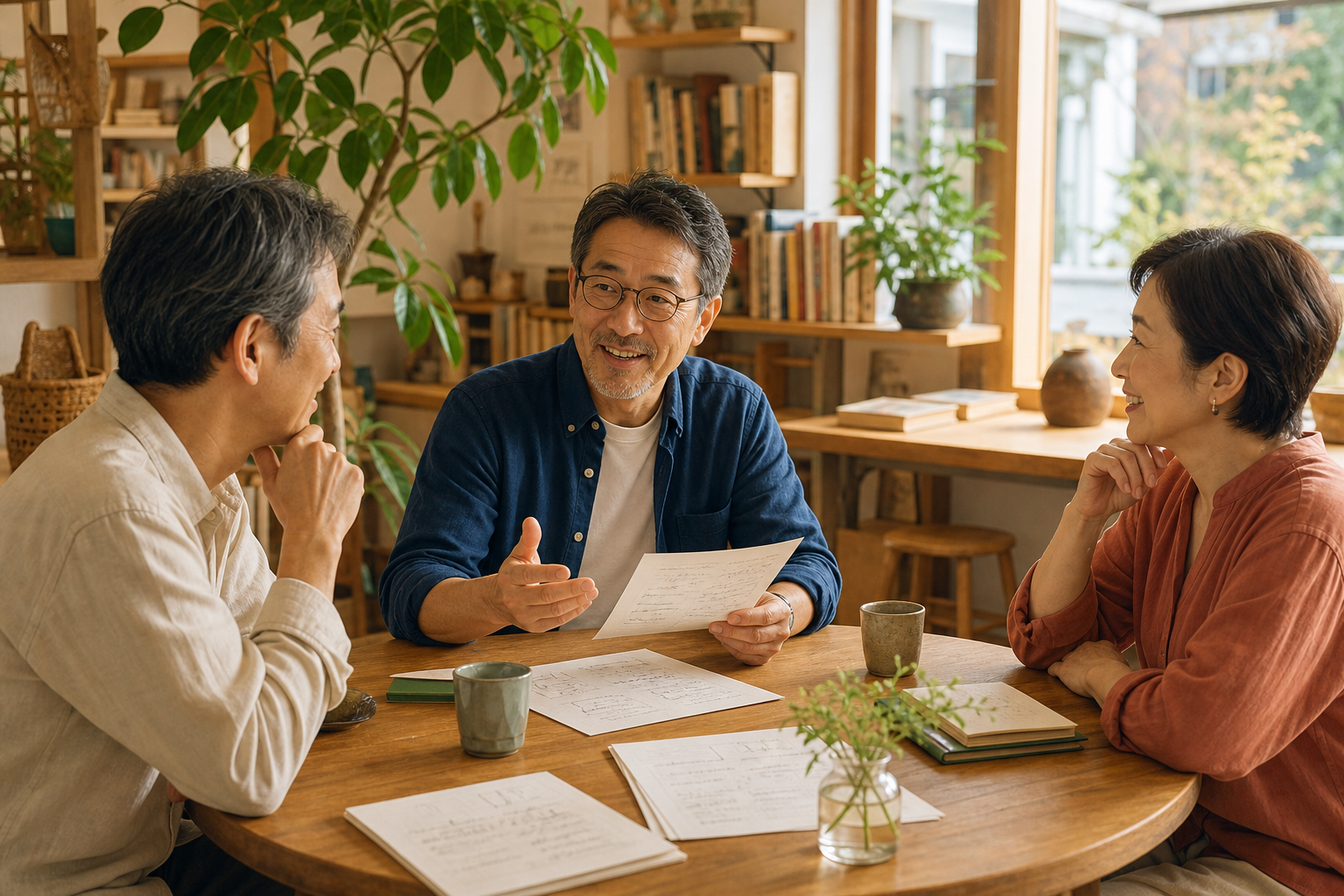 地域の場で学びとつながりを育てる50代男性のイラスト