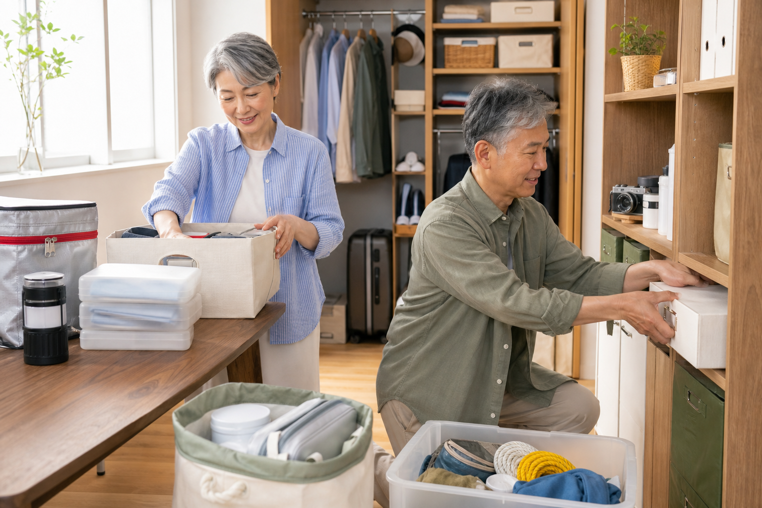 収納場所を相談しながら暮らしを整える60代夫婦
