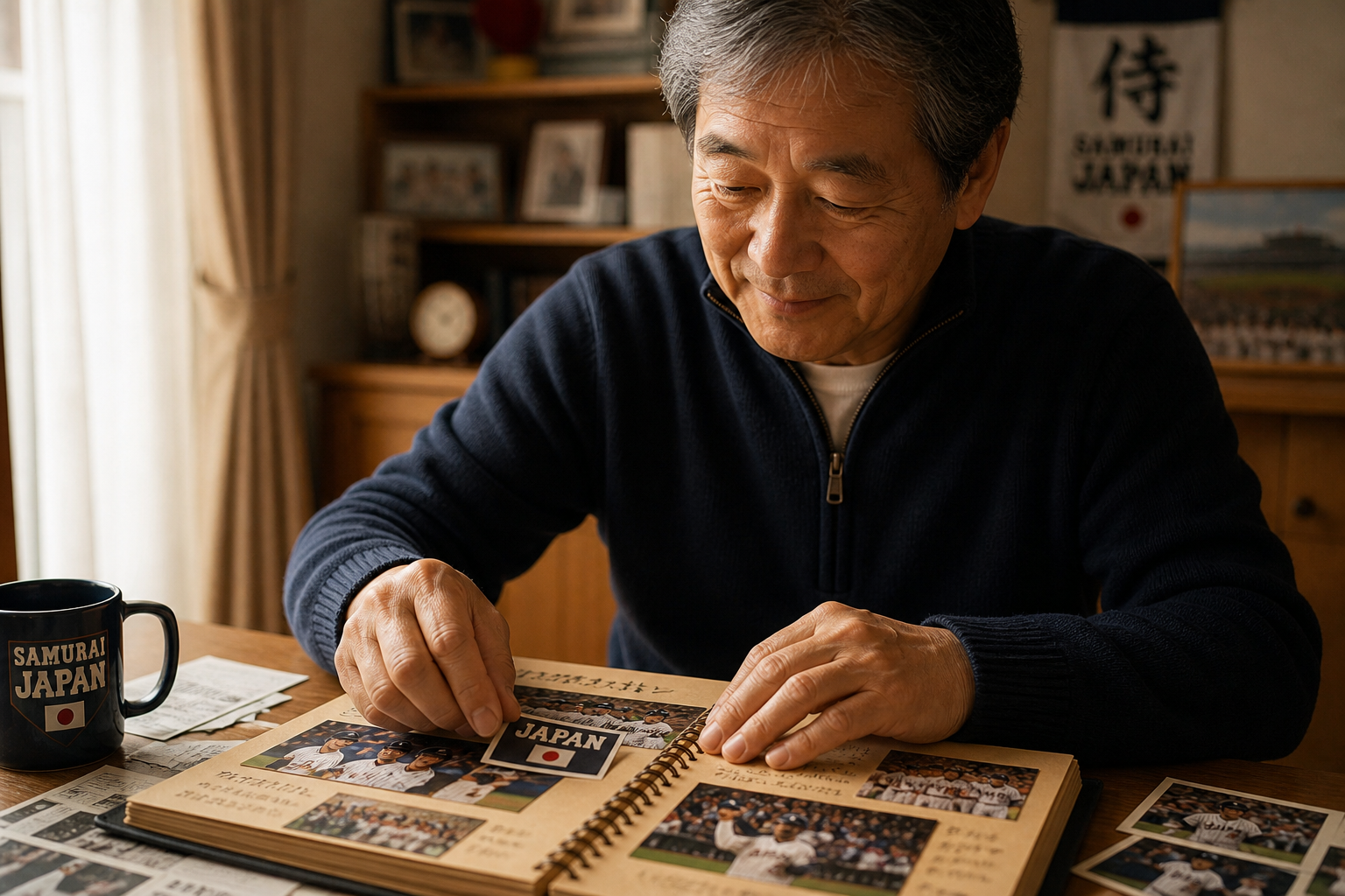 応援する野球チームの写真をスクラップブックに整理する60代男性