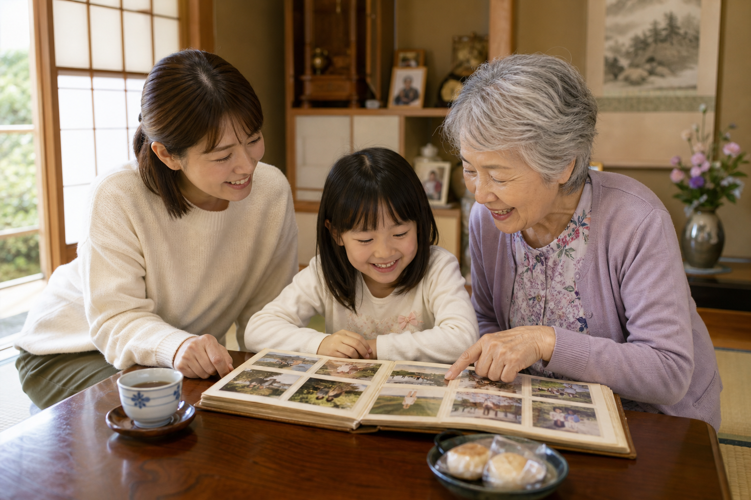 祖母が娘と孫と一緒に思い出のアルバムを見ながら笑い合う様子