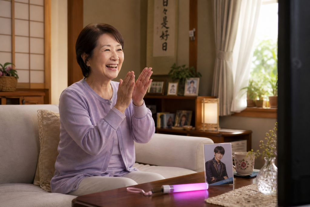 リビングでテレビの推し活動画を見ながら笑顔で応援する60代女性