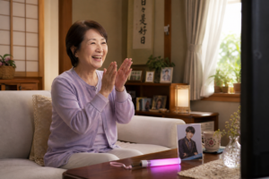 リビングでテレビの推し活動画を見ながら笑顔で応援する60代女性