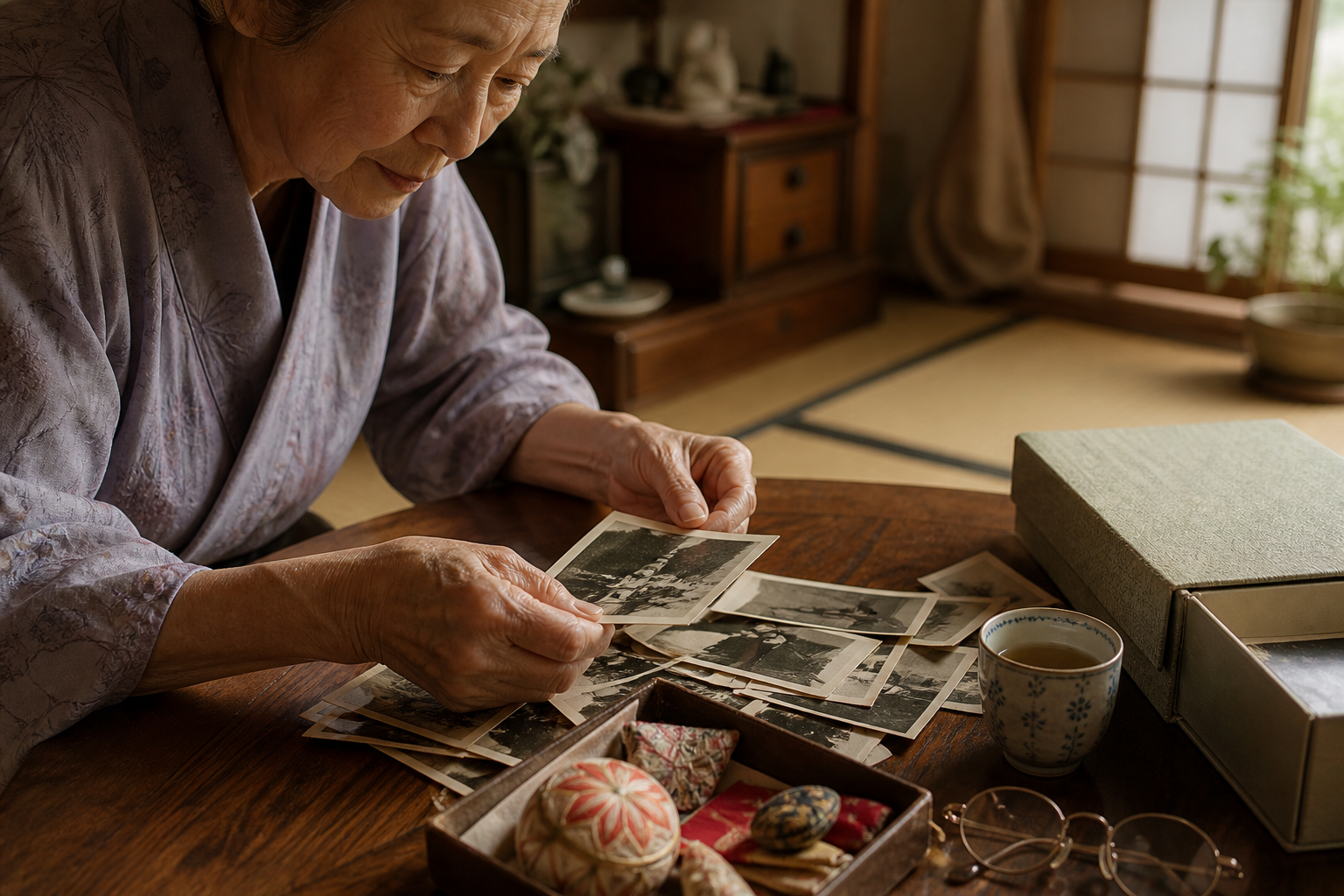 古い写真や思い出の品を手に取り整理するシニア女性の手元