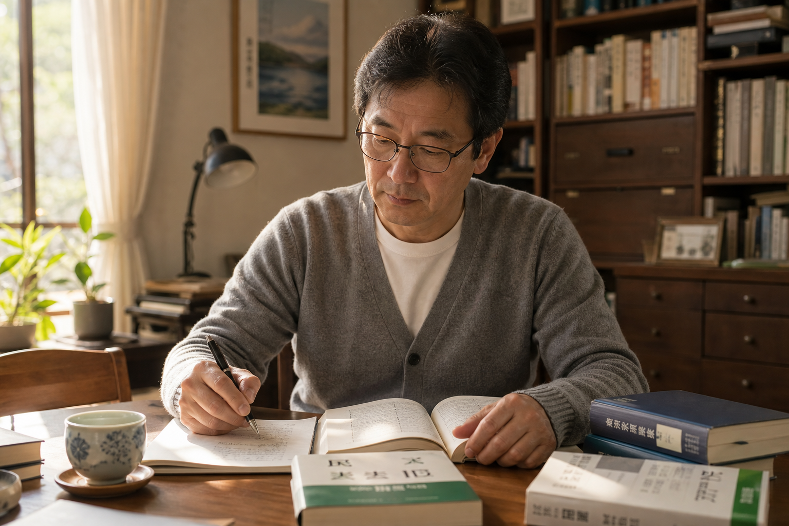 資格の参考書を広げて学び直しに取り組む50代の日本人男性