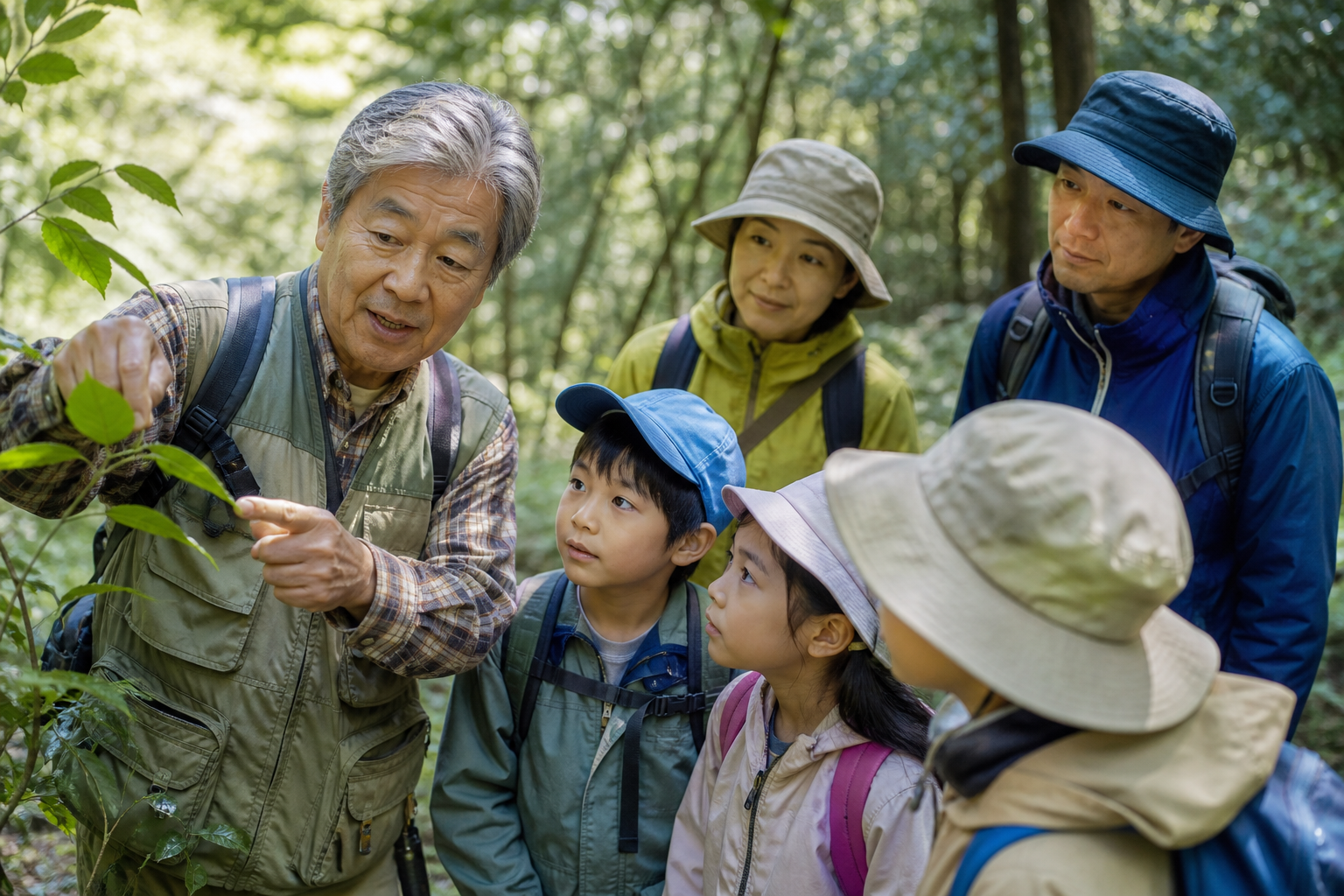 里山の森の中で子どもや大人たちに葉っぱを指し示しながら案内する60代の日本人男性