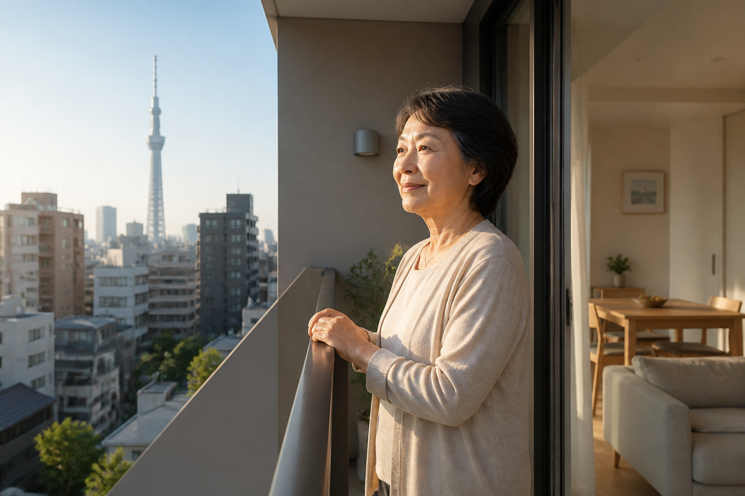 新しいアパートのベランダから街を眺め微笑む60代女性