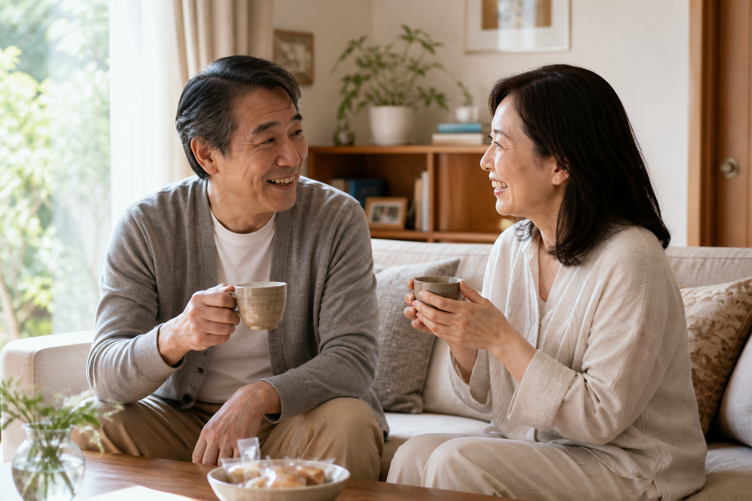 リビングでお茶を飲みながら妻と楽しそうに話す50代の日本人男性