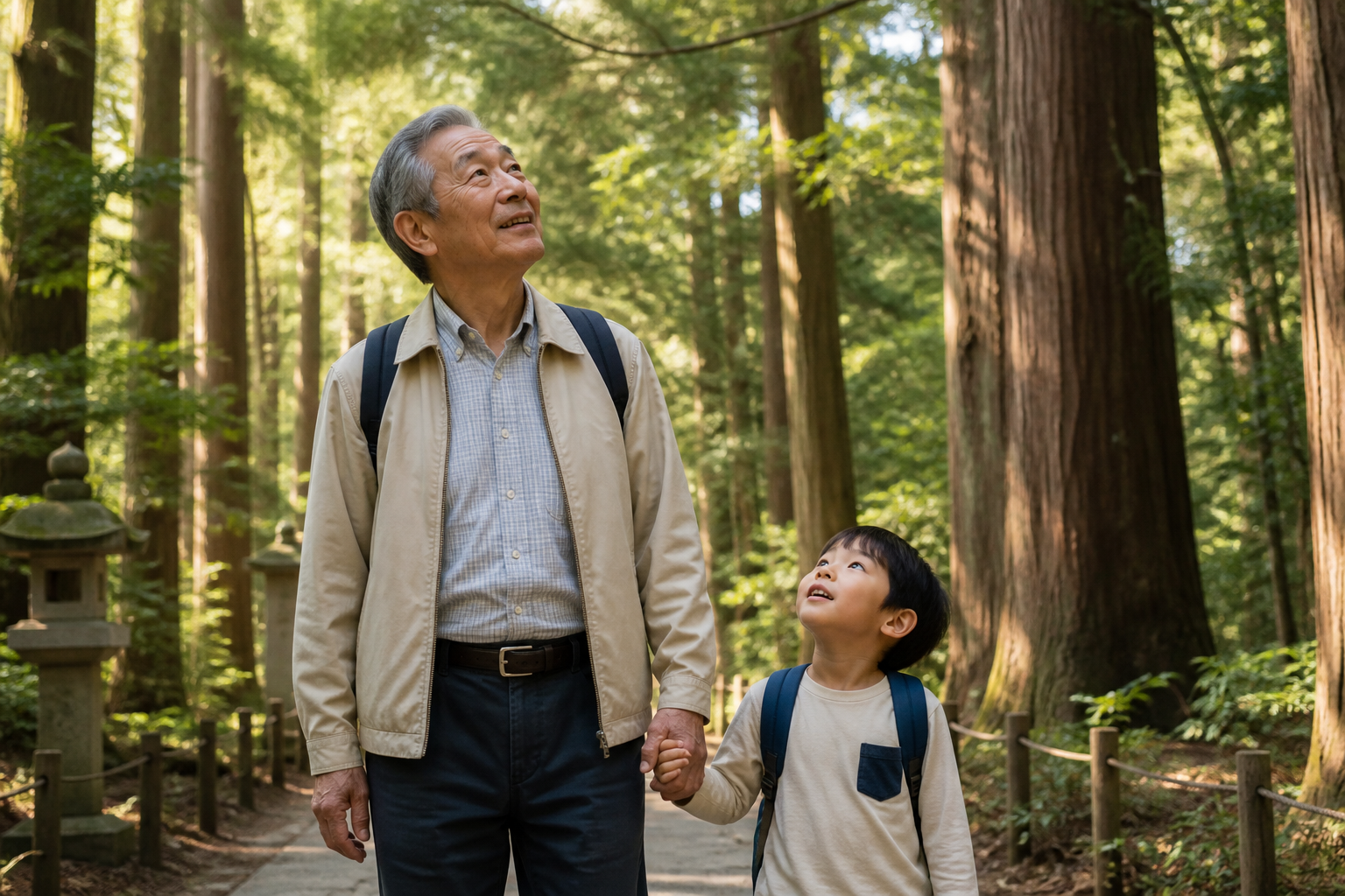 森の遊歩道で孫と手をつなぎ、一緒に木々を見上げる60代の日本人男性