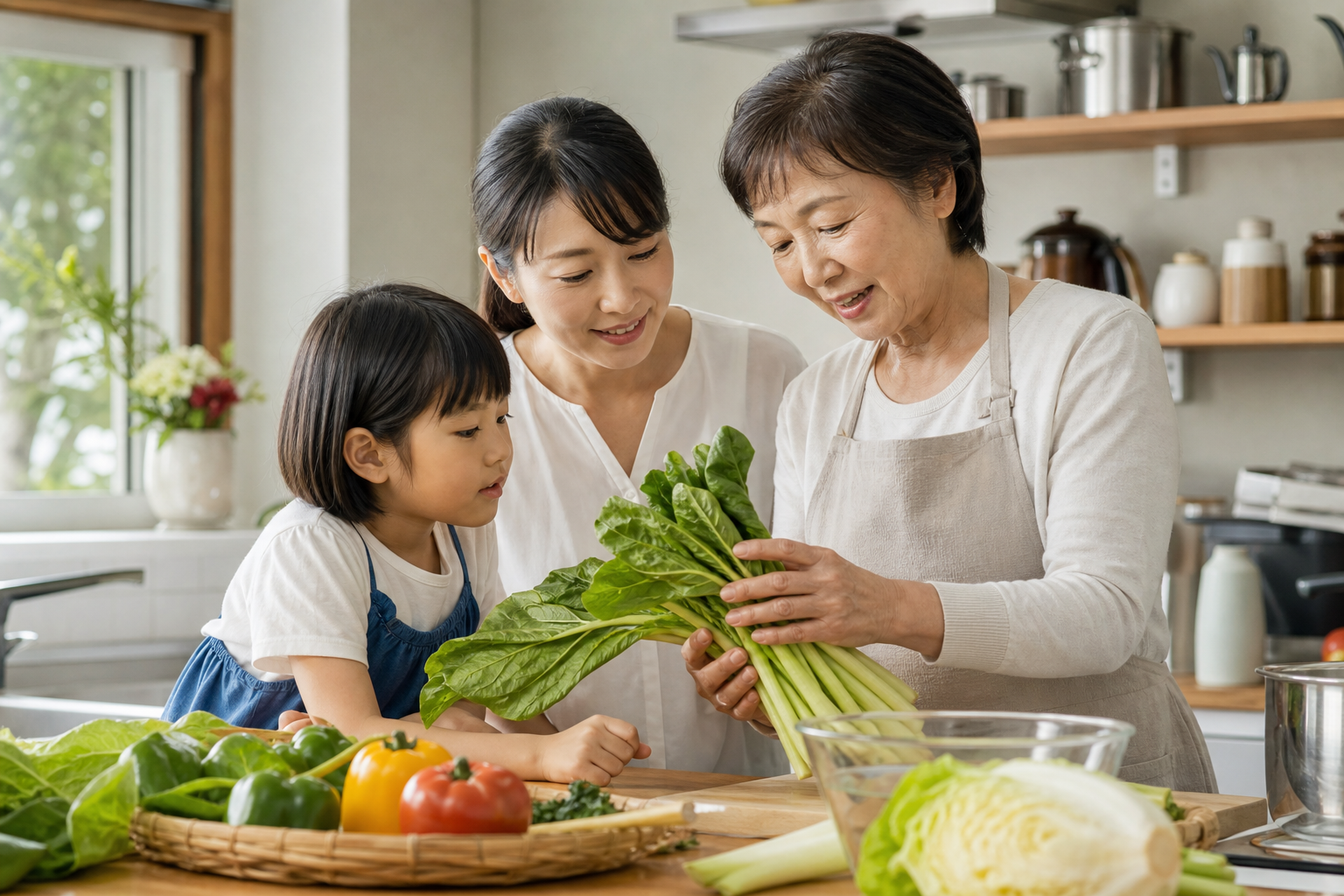 娘や孫と一緒に野菜を選び料理する60代女性