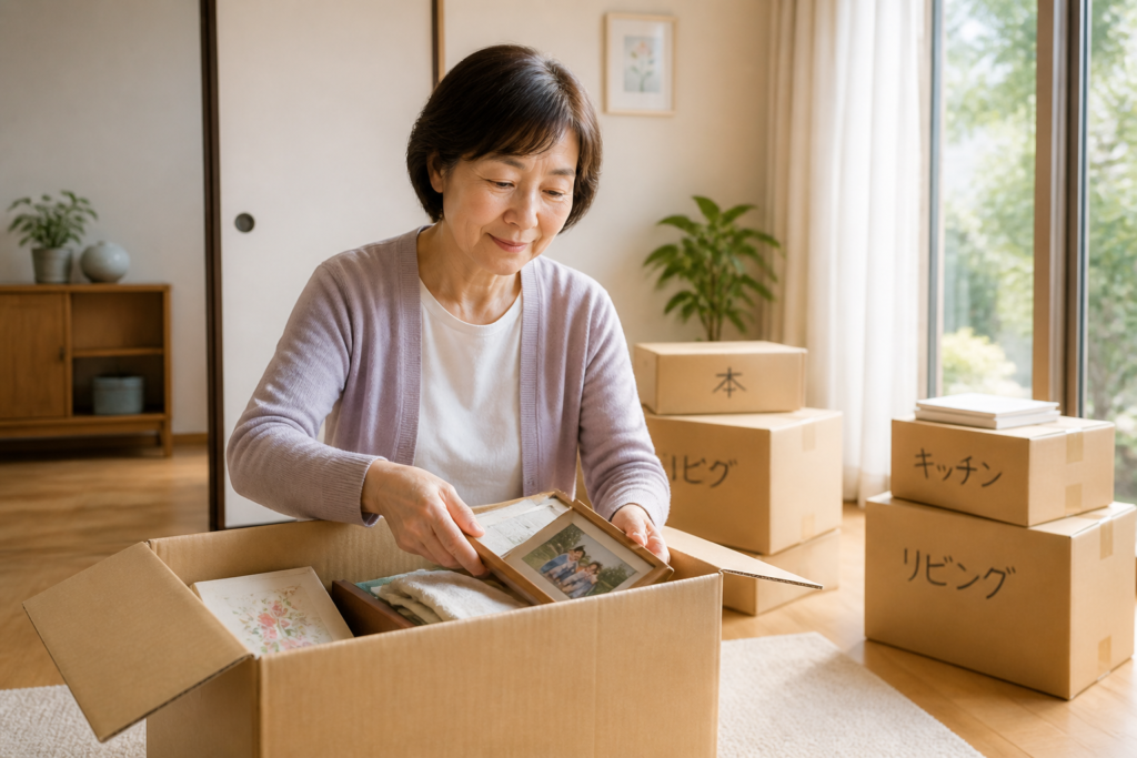 荷造りをしながら新しいひとり暮らしの準備をする60代女性のイメージ