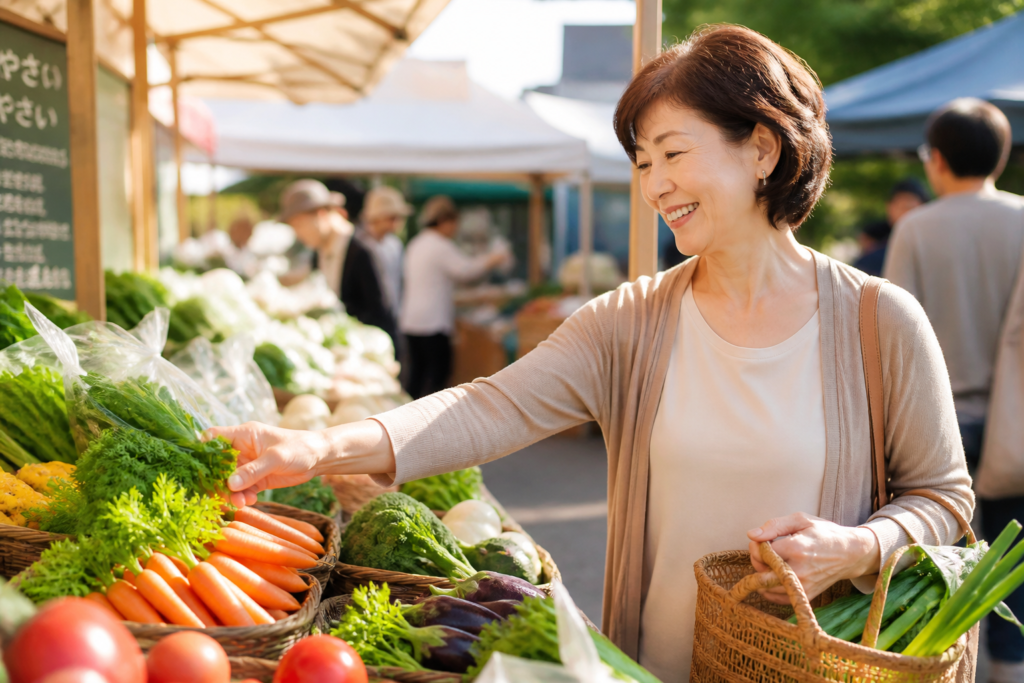 朝市で新鮮な野菜を選びながら微笑む60代女性