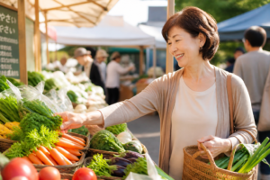 朝市で新鮮な野菜を選びながら微笑む60代女性