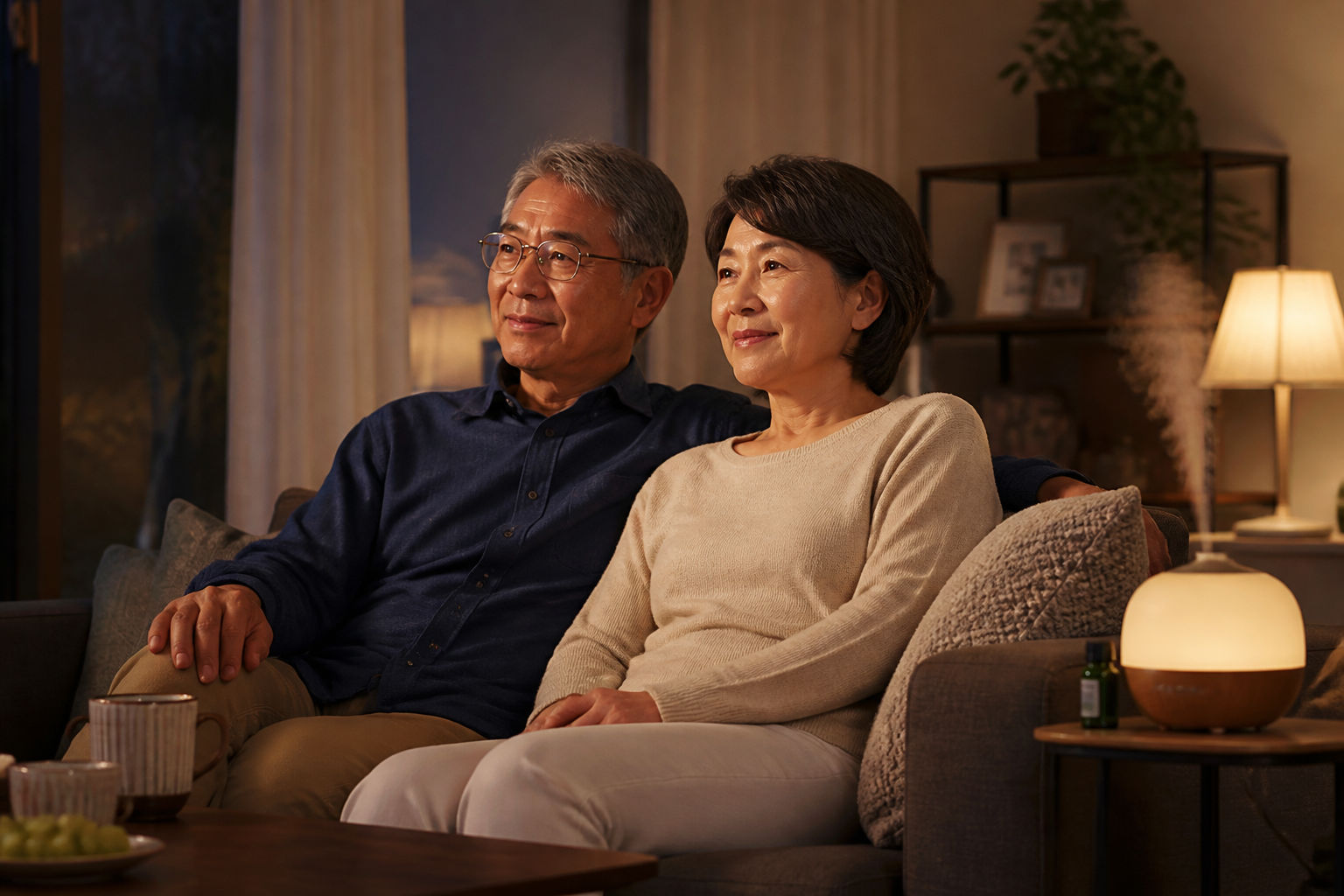 夜のリビングでアロマディフューザーの香りを楽しみながらくつろぐ60代の夫婦