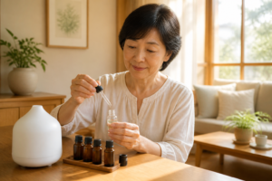 精油の瓶とアロマディフューザーを前に、香りをブレンドする50代の女性