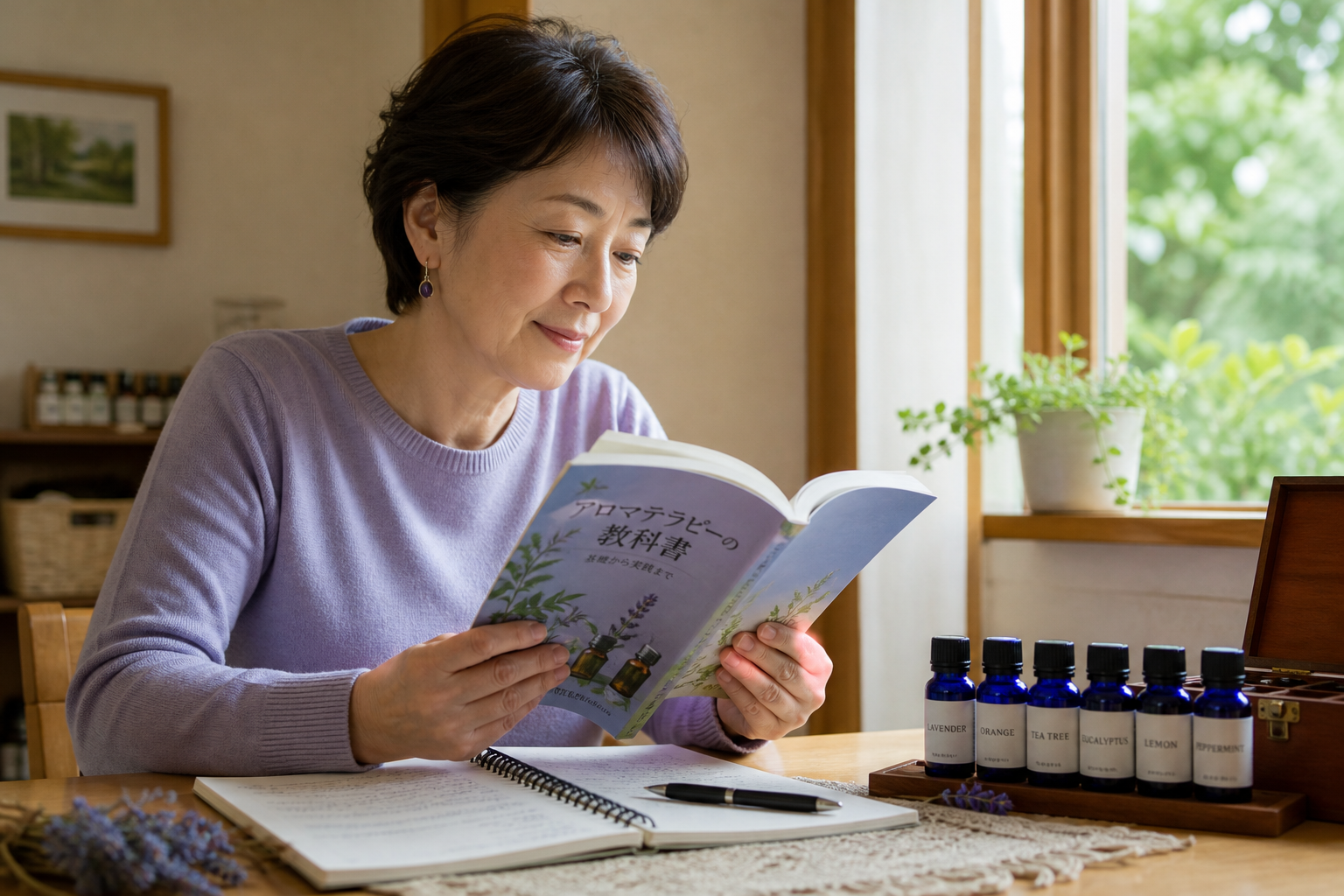 アロマテラピーの教科書を読みながらノートを取り、精油の瓶を並べて学ぶ女性