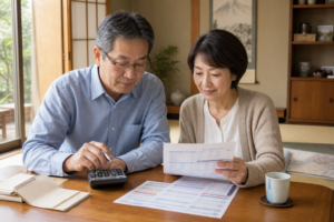 リビングで資料と電卓を見ながらお金の相談をする60代夫婦