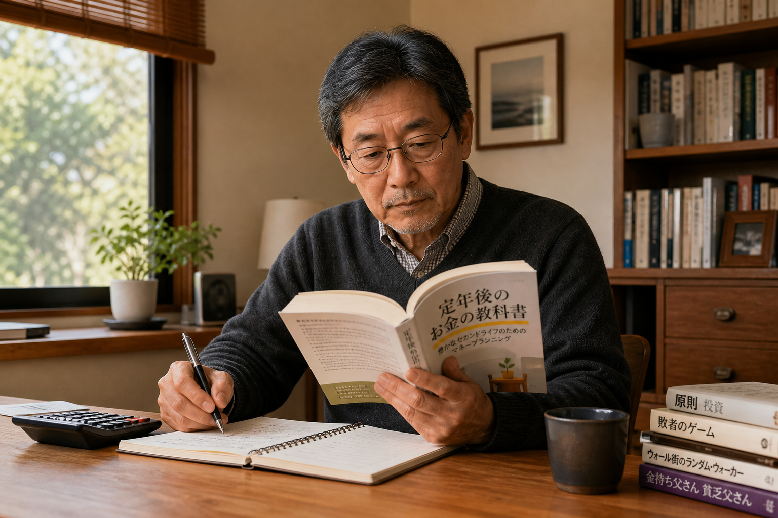 書斎で資産計画の本を読みながらメモを取る60代男性