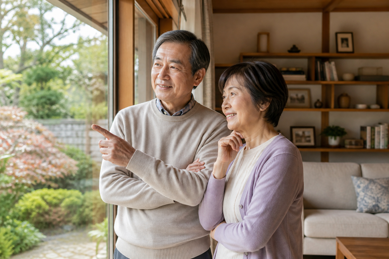 リビングの窓際で将来の暮らしについて話す60代夫婦