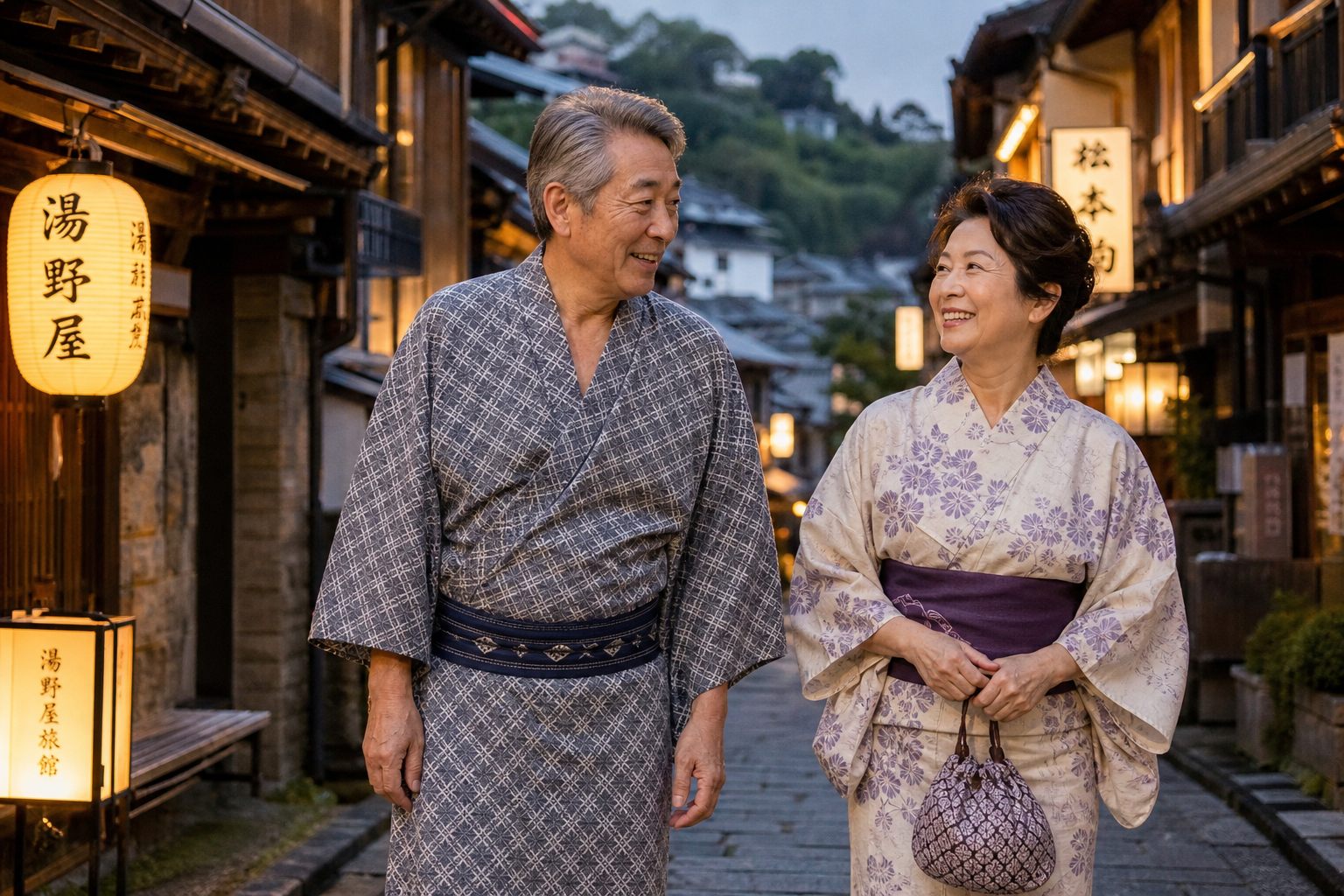 浴衣姿で温泉街を仲良く歩く60代の夫婦