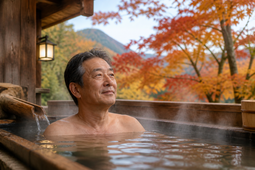 紅葉の露天風呂で湯につかりくつろぐ60代の男性