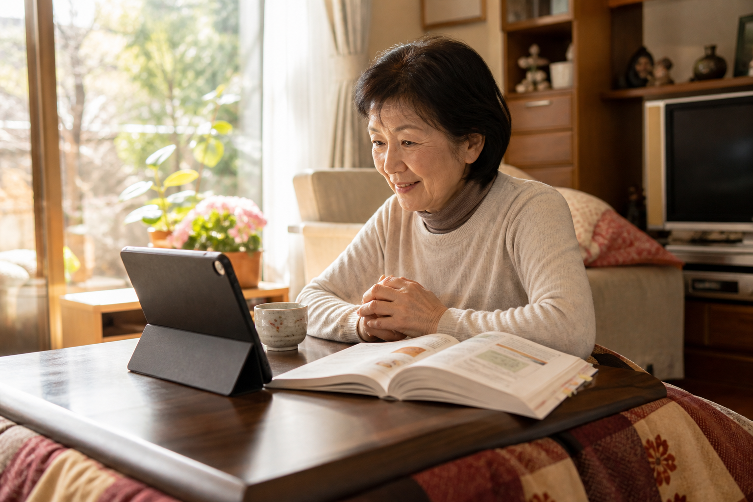 自宅のこたつでタブレットとテキストを使い温泉ソムリエ講座を学ぶ50代女性